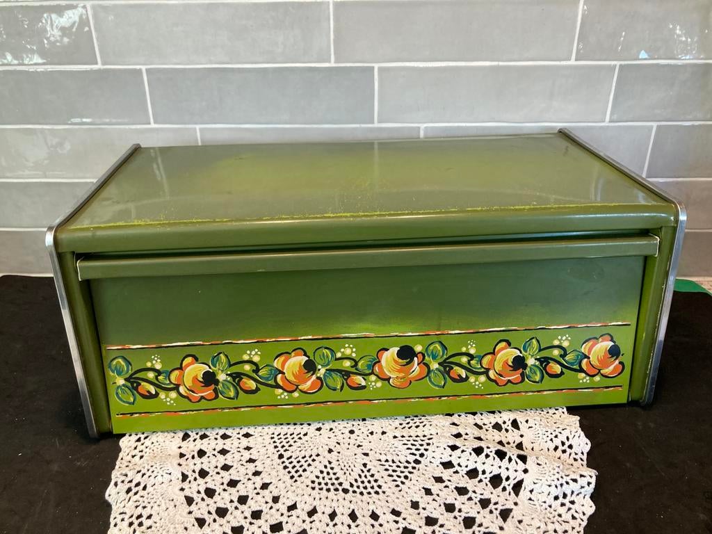Vintage broodtrommel, groen gebloemd (070426c), Ophalen of Verzenden, Gebruikt, Groen