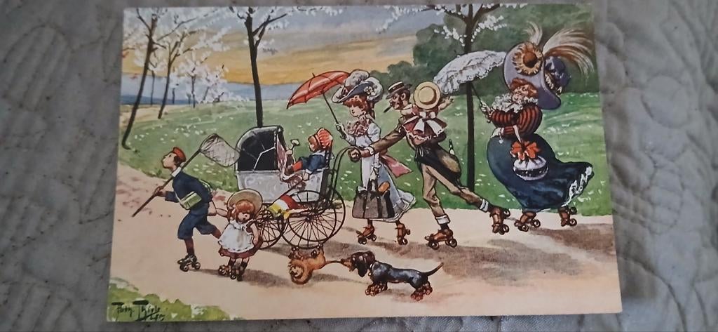 Oude kaart Arthur Thiele: gezelschap op rolschaatsenl, Ophalen of Verzenden, Voor 1920, Ongelopen, Kinderen