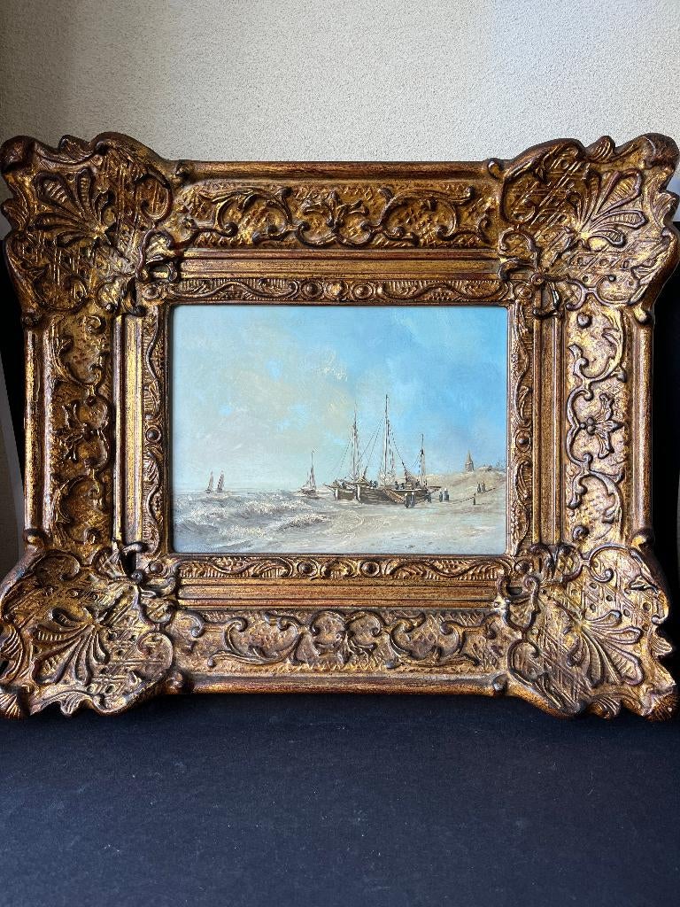 Schilderij met boten, bomschuiten Scheveningen strand, Antiek en Kunst, Ophalen