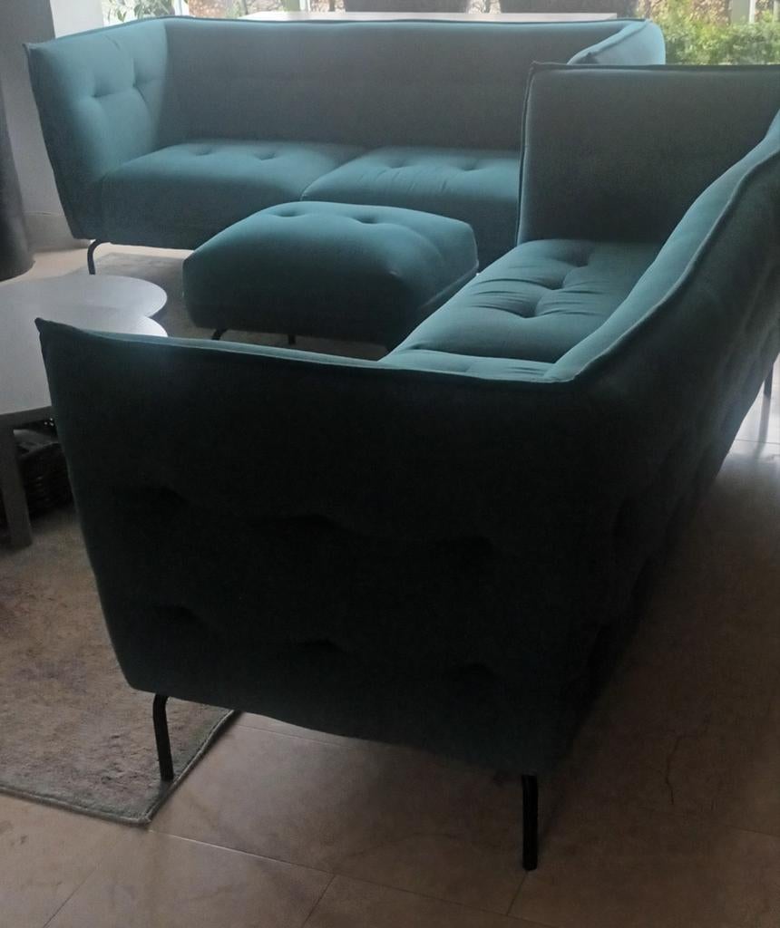 2,5 en 3 zits Goossens petrol banken met poef, Ophalen, 250 tot 300 cm, Gebruikt, Modern, Scandinavisch