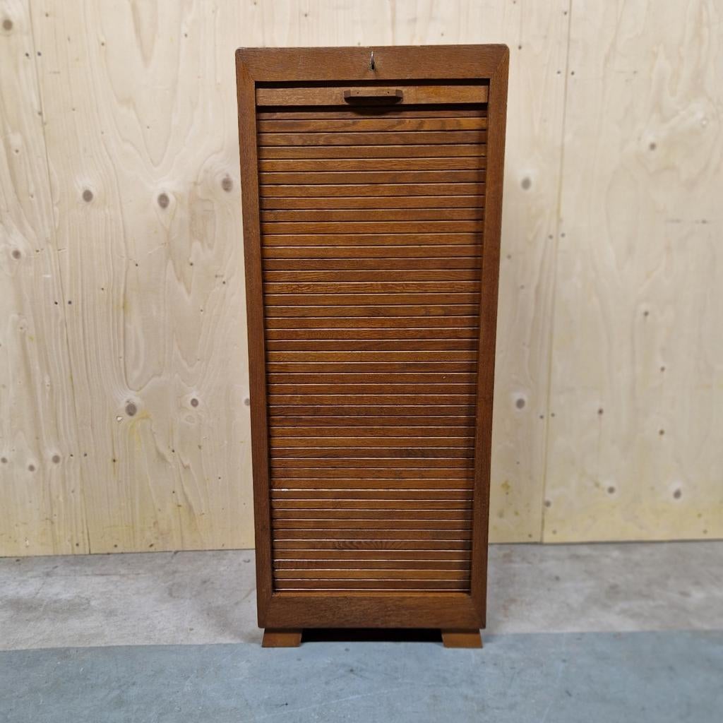 Antieke roldeurkast teakhout kleur rolluikkast, Aaldertgeertsstraat 43 Olst, 100 tot 150 cm, Kolibri vintage, Ophalen of Verzenden