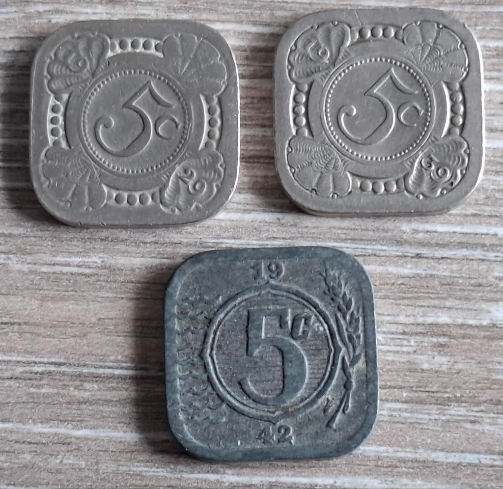 3x 5 Cent Wilhelmina - 1929, 1939, 1942, Postzegels en Munten, Munten | Nederland, Losse munt, 5 cent, Koningin Wilhelmina, Ophalen of Verzenden