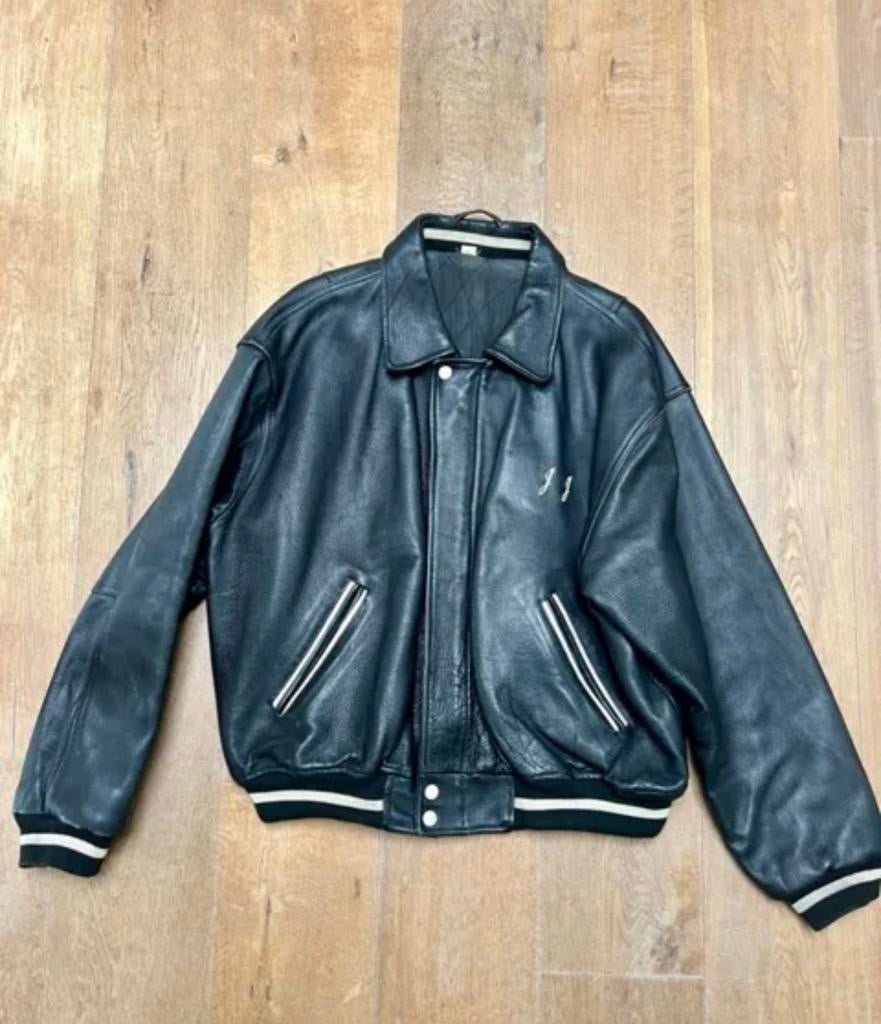 Vintage Jack & Jones Unisex Leren Teddy Bomberjack Zwart XL, Ophalen of Verzenden, Gedragen, Maat 56/58 (XL), Zwart