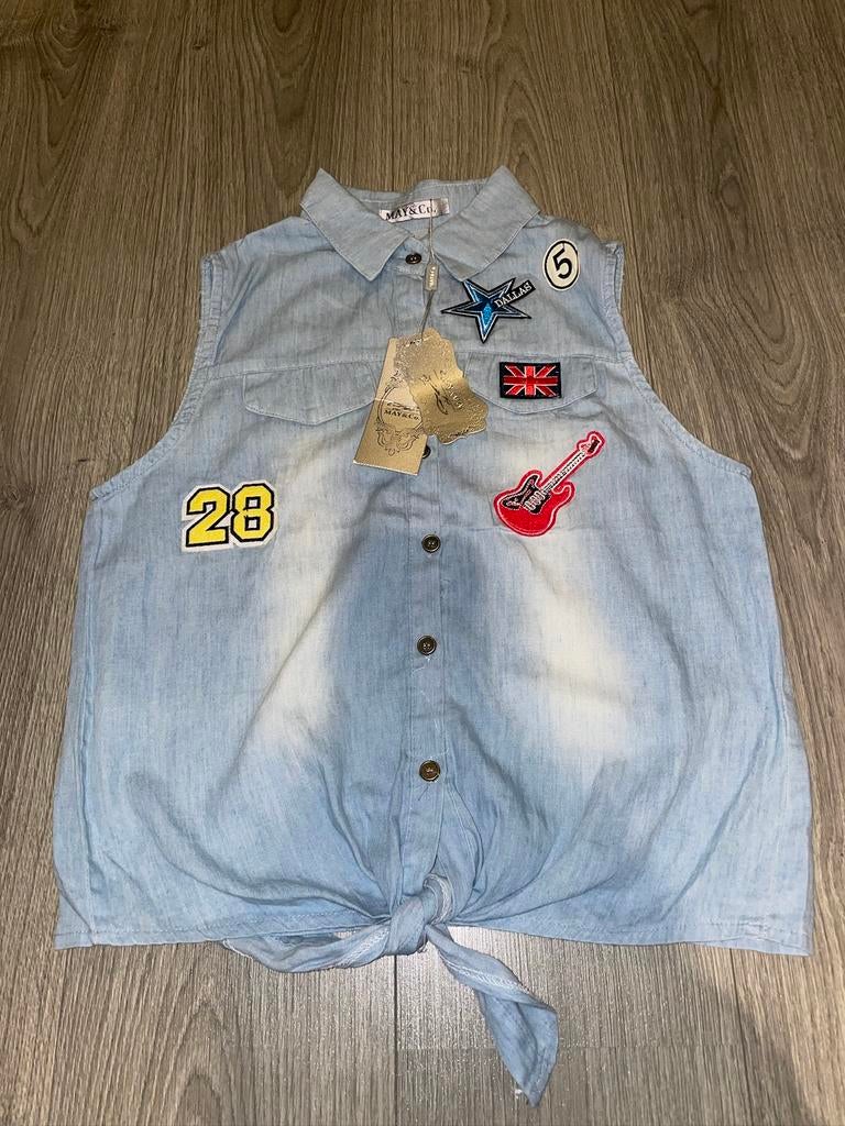 dames denim look knoop blouse top met patches mt L, Blauw, Maat 42/44 (L), Nieuw, Ophalen of Verzenden
