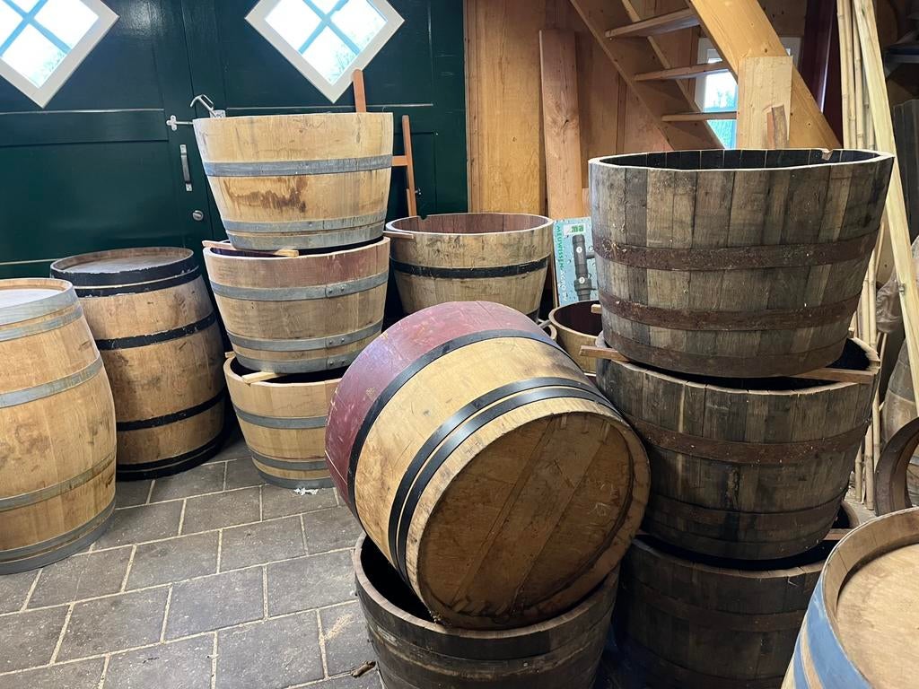 Bloembak half wijnvat whiskyvat palmboombak vijgenboom hout, Tuin en Terras, Bloembakken en Plantenbakken, Gerard Krale, Rond