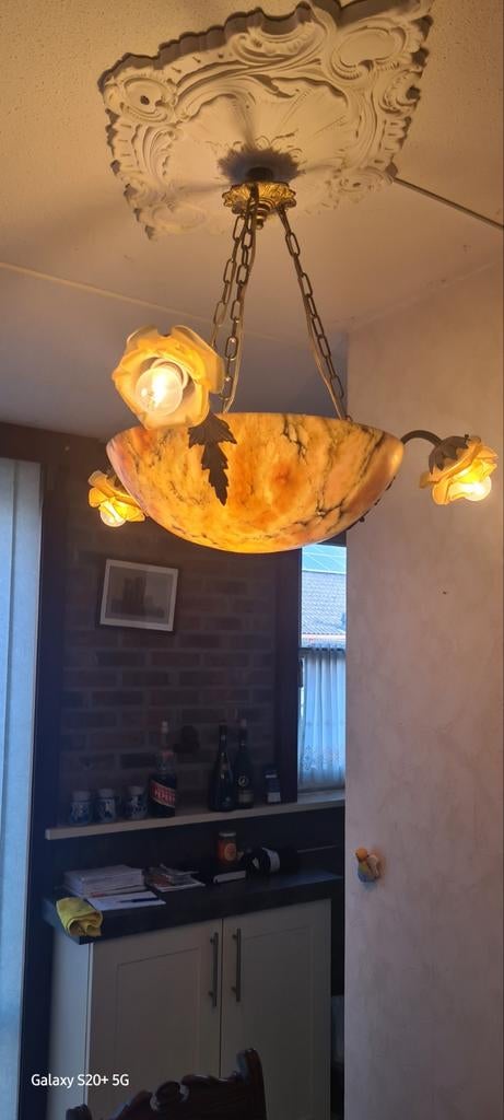 Art Nouveau hangende kroonluchter met albasten schaal en gla, Ophalen, Gebruikt, 50 tot 75 cm, Vintage