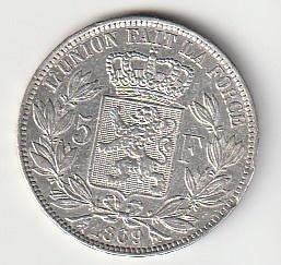 5  francs  1869  België. km. 24, Postzegels en Munten, Munten | Europa | Niet-Euromunten, Ophalen of Verzenden, België, Losse munt