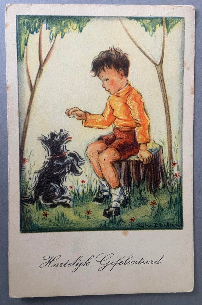 Jongen met zijn hond mooi geillustreerde door Rika Bleeker, Verzamelen, Ophalen of Verzenden, Gelopen, Overige thema's