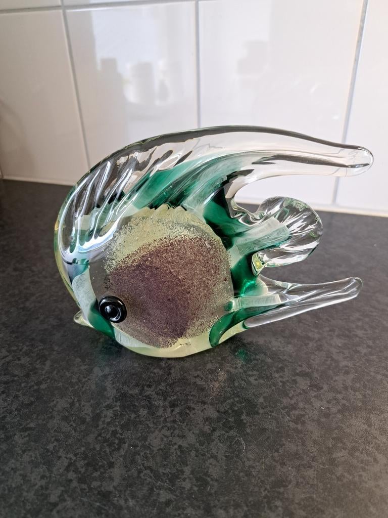 Glazen vis met groene tinten - 18x13cm decoratie, Ophalen