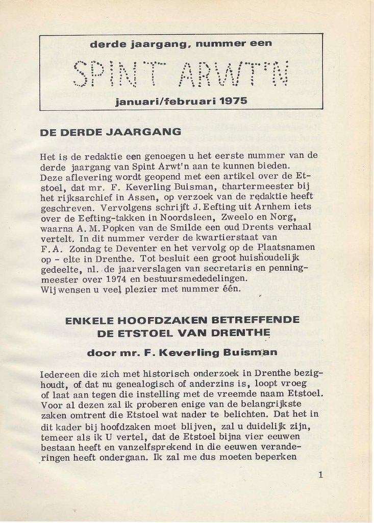 Genealogie Drenthe. Spint Arwt’n, jaargang 1975, Boeken, Geschiedenis | Stad en Regio, Ophalen of Verzenden, Gelezen