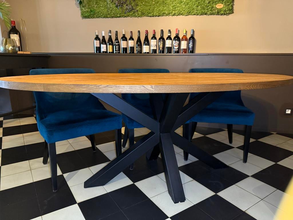 Ovale eiken eettafel 4cm dik, roasted, X-onderstel, Ophalen, 100 tot 150 cm, Eikenhout, Ovaal