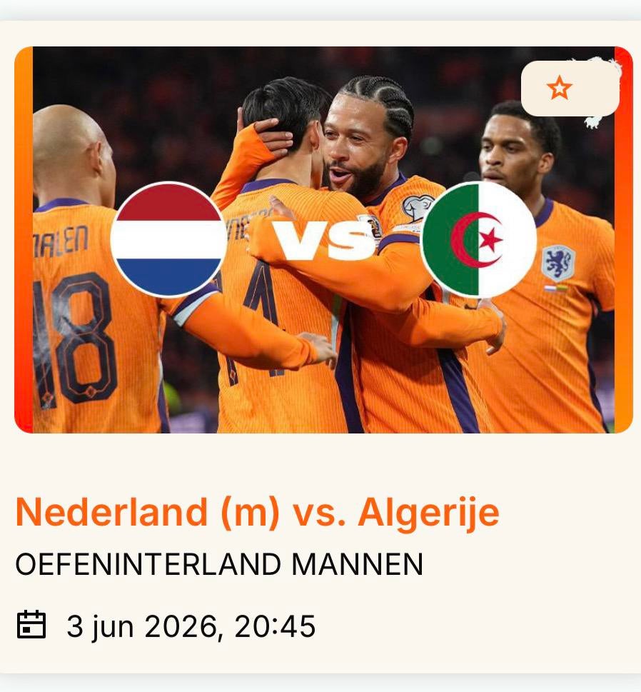 2 Tickets Nederland-Algerije Uitzwaaiwedstrijd Vak W2, Twee personen