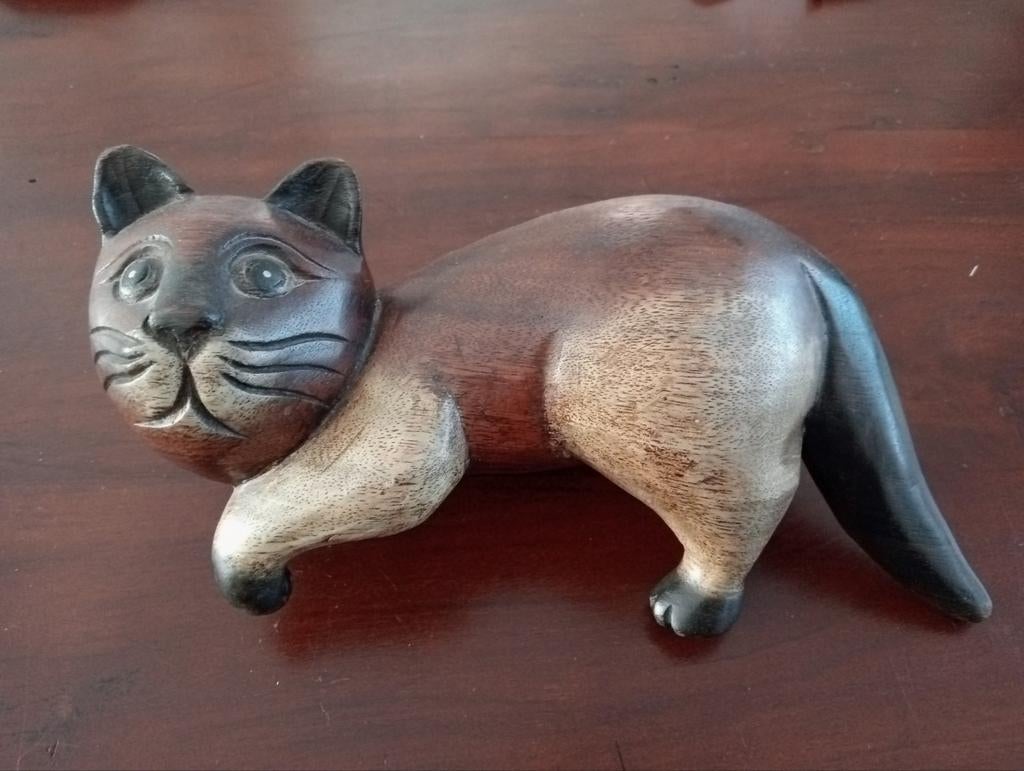 Houten Kat Beeld - Handgesneden Decoratie 30cm, Ophalen, Zo goed als nieuw, Dier
