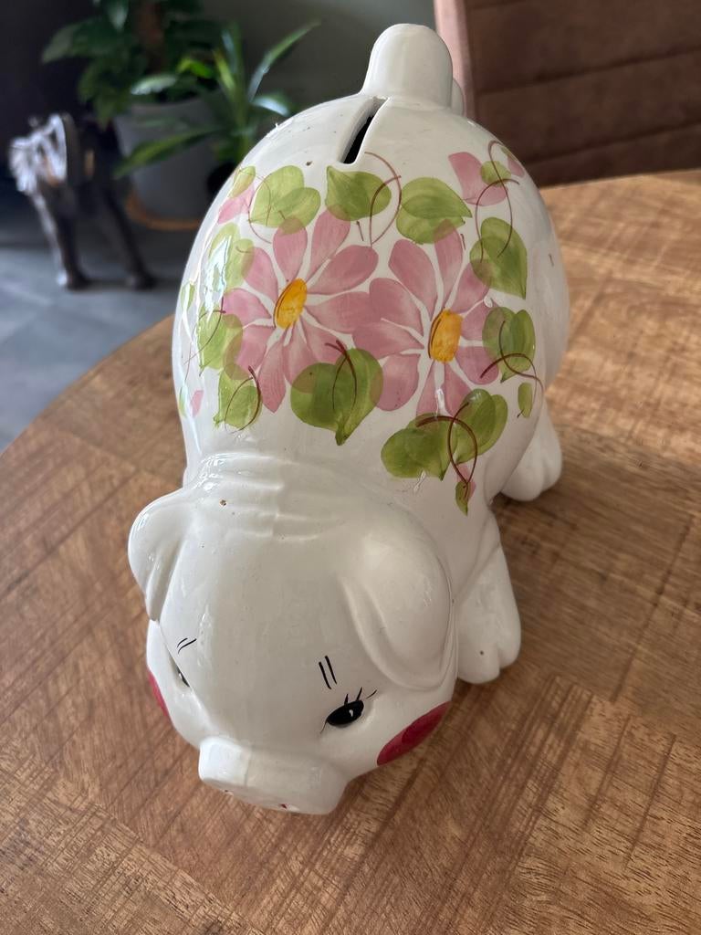 Spaarpot varken met bloemen, Ophalen, Gebruikt, Steen, Aardewerk of Keramiek, Dier