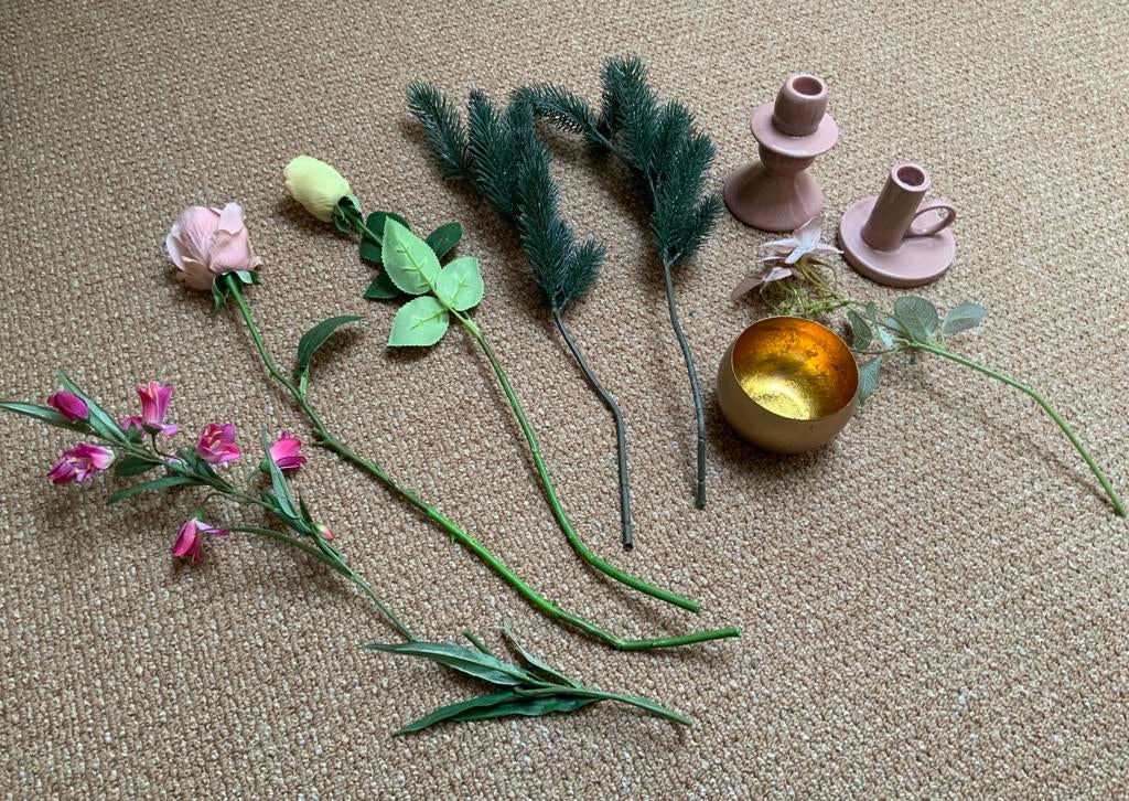 Pakket woonaccessoires Kunstbloem Kandelaar Windlicht, Huis en Inrichting, Woonaccessoires | Kunstplanten en Kunstbloemen, Ophalen of Verzenden