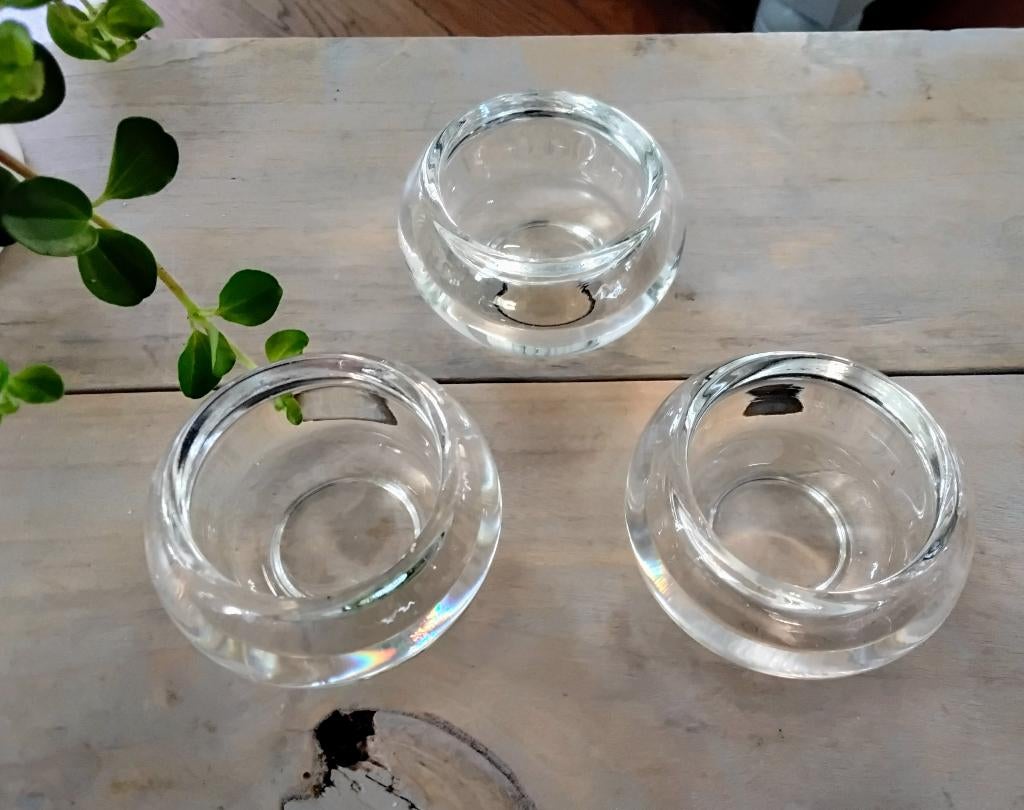 Dik glazen waxinelichthouders - glas - kandelaars, Huis en Inrichting, Ophalen of Verzenden, Gebruikt, Overige materialen, Minder dan 25 cm