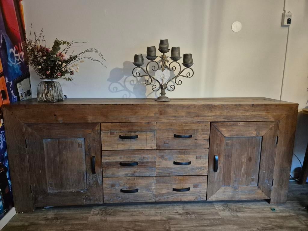 Mooi Teak Houten Dressoir - 220cm, Ophalen, Gebruikt, Met deur(en), Teakhout