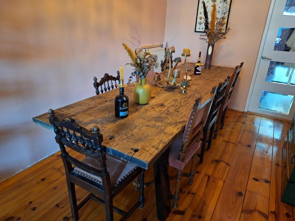 Unieke eiken eettafel van oude Franse treinvloer, Huis en Inrichting, Tafels | Eettafels, Ophalen, 200 cm of meer, 50 tot 100 cm