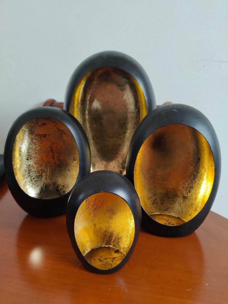4 x Waxinelichthouder Egg zwart / goud, Gebruikt, Overige kleuren, Ophalen of Verzenden, Metaal