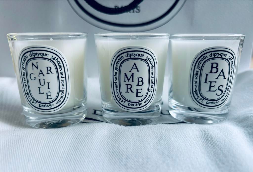 Diptyque 3 mini kaarsen Amber, Baies, Narguilé + dustbag, Verzenden, Nieuw, Overige materialen, Minder dan 25 cm