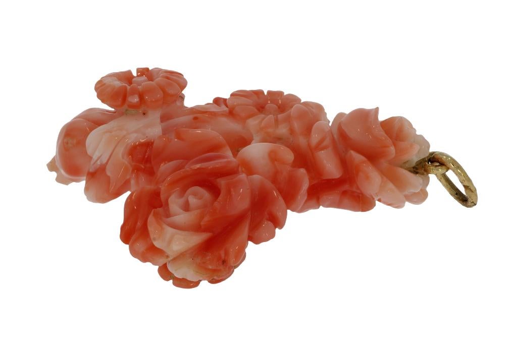 Koraal antieke 14k gouden ketting hanger bloem roos vintage, Verzenden, Goud, Hanger, Met edelsteen