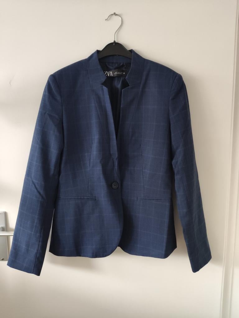 Zara donkerblauwe geruite blazer colbert xs 34 dunne stof ni, Blauw, Zara, Nieuw, Ophalen of Verzenden
