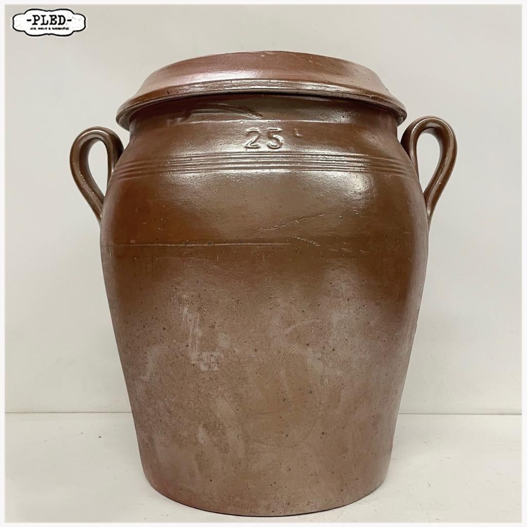 Oude Franse aardewerken confitpot met deksel - 25 ltr, Ophalen