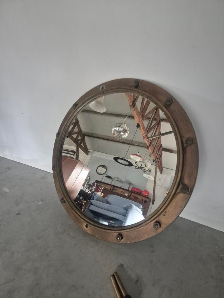 Zware brons of messing patrijspoort spiegel 60 cm, Antiek en Kunst, Ophalen of Verzenden, Rechthoekig, Minder dan 100 cm