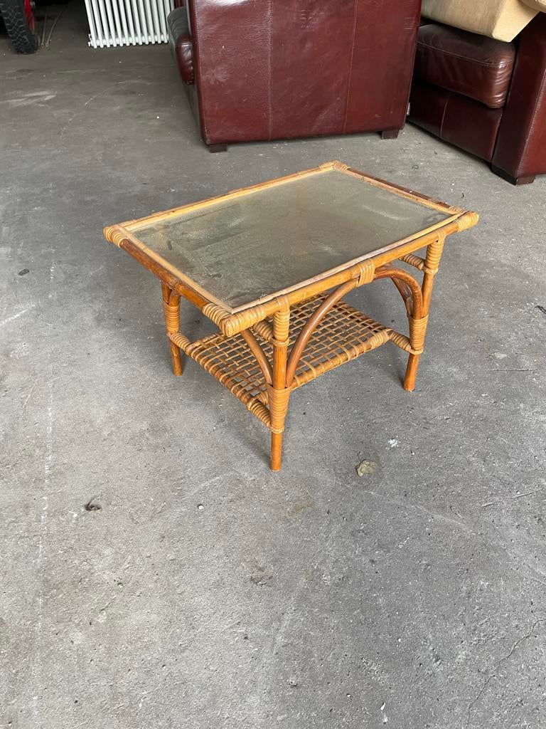 Bamboe tafeltje met glazen blad, Minder dan 45 cm, Minder dan 55 cm, Gebruikt, Ophalen of Verzenden