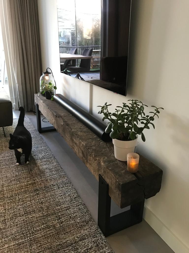 Stoer TV meubel, Onbehandelde Spoorbiels met matzwart staal, Ophalen, Nieuw, Robuust, authentiek, stoer, warm, 200 cm of meer