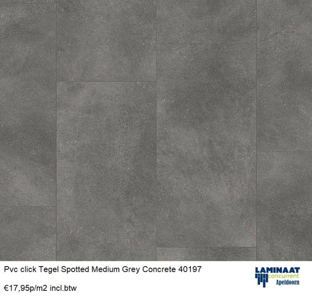 Grote Pvc click Tegel Spotted Medium Grey Concrete €17,95p/m, Huis en Inrichting, Stoffering | Vloerbedekking, Nieuw, Laminaat