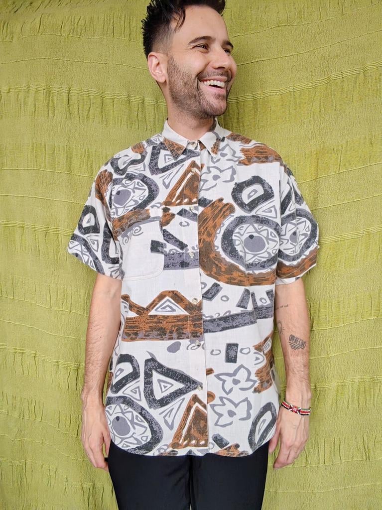 Vintage shirt / overhemd / print / beige / bruin / large / L, Kleding | Heren, Overhemden, Albert Cuypstr 168a, Beige, Vintage