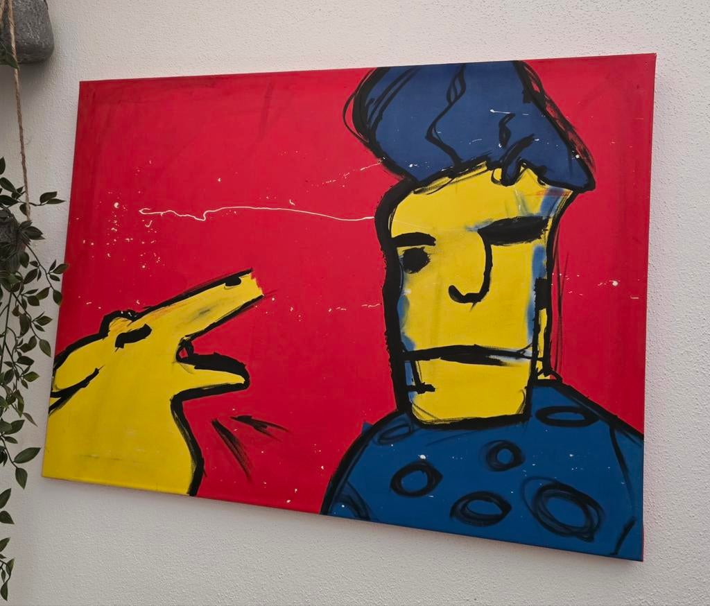 Abstract canvas schilderij van Herman Brood met Hond en Man, Ophalen of Verzenden