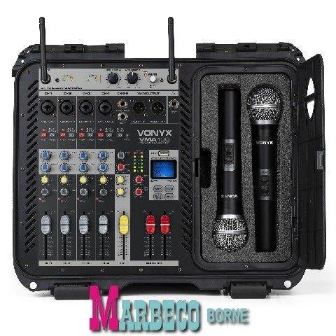 Power mixer in ABS case, 6-kanaals met 2 UHF microfoons, Vonyx, Nieuw, Info@marbeco.nl, Complete set