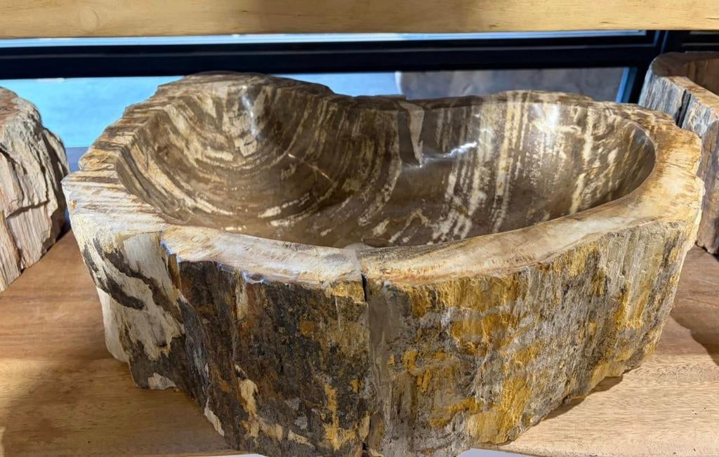 Unieke versteendhouten kommen kom wasbak nu €199,-, Ophalen, Nieuw, Wastafel