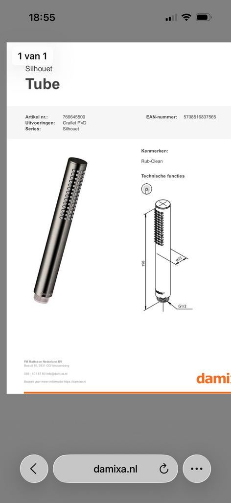 Damixa Tube handshower Silhouet Grafiet PVD nieuw, Ophalen of Verzenden, Nieuw, Rvs, Douche