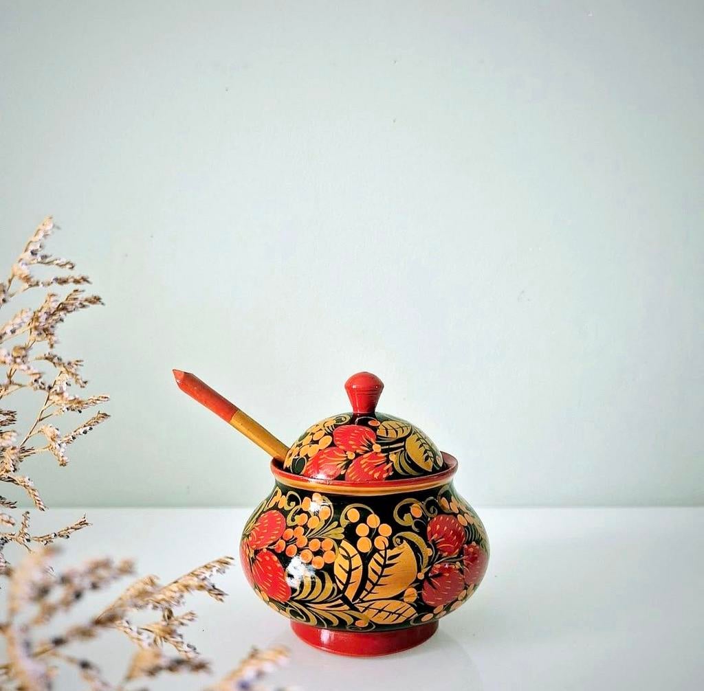 Handgemaakte Khokhloma suikerpot met lepel - Russische kunst, Ophalen of Verzenden