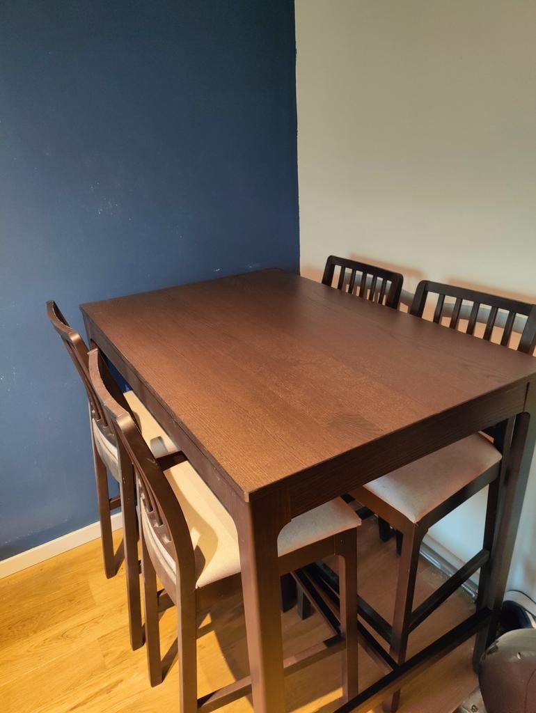 Bar eettafel met 4 krukken - Donkerbruin, Ophalen, Gebruikt