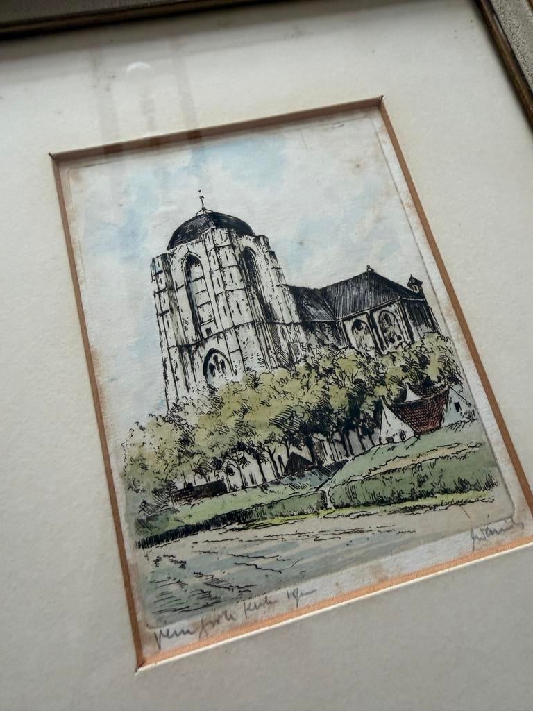 Ets Grote Kerk Veere, Ets, Architectuur, Ophalen of Verzenden, Gesigneerd