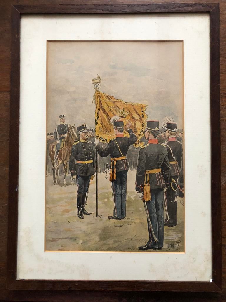 Antieke aquarel 'Eedsaflegging van Officieren' 1899, Antiek en Kunst, Ophalen of Verzenden