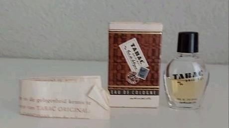 Oud flesje eau de cologne Tabac met doosje en bijsluiter, Ophalen of Verzenden, Zo goed als nieuw, Miniatuur, Gevuld