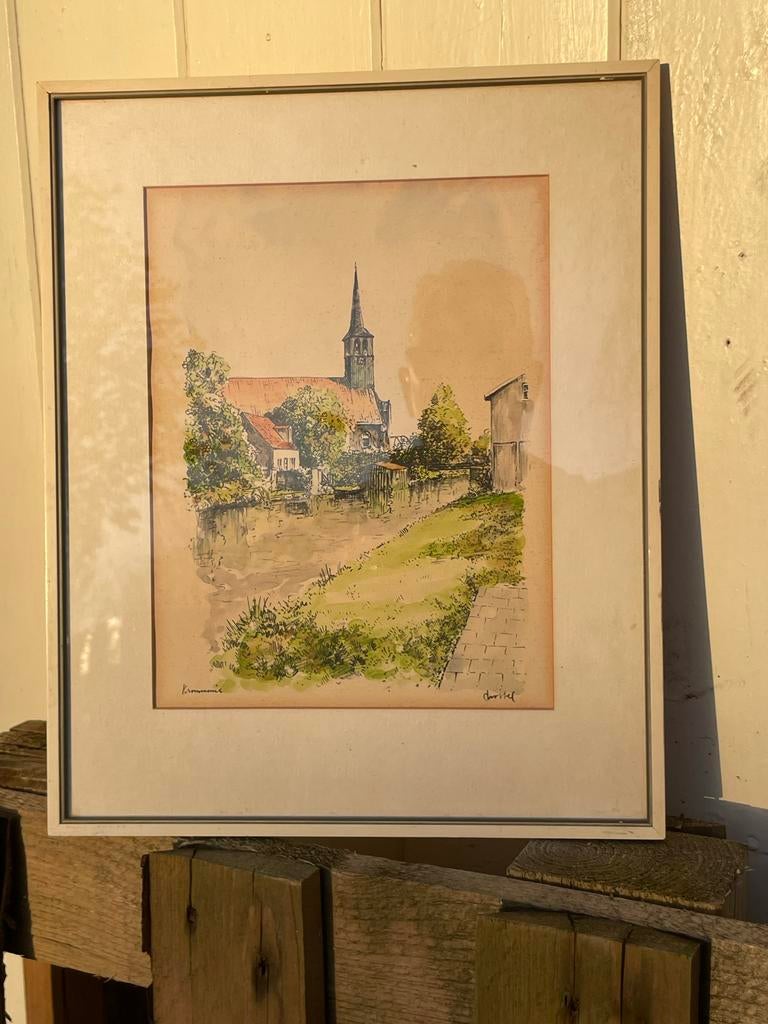 Kerk Krommenie aquarel, Antiek en Kunst, Kunst | Tekeningen en Foto's, Ophalen of Verzenden