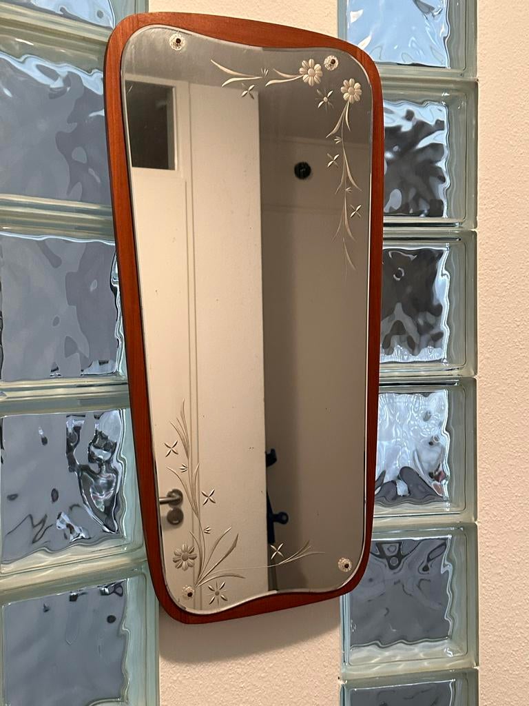 Vintage spiegel met bloemmotief, geslepen, H 69 cm, Ophalen, Rechthoekig, Minder dan 50 cm, Minder dan 100 cm