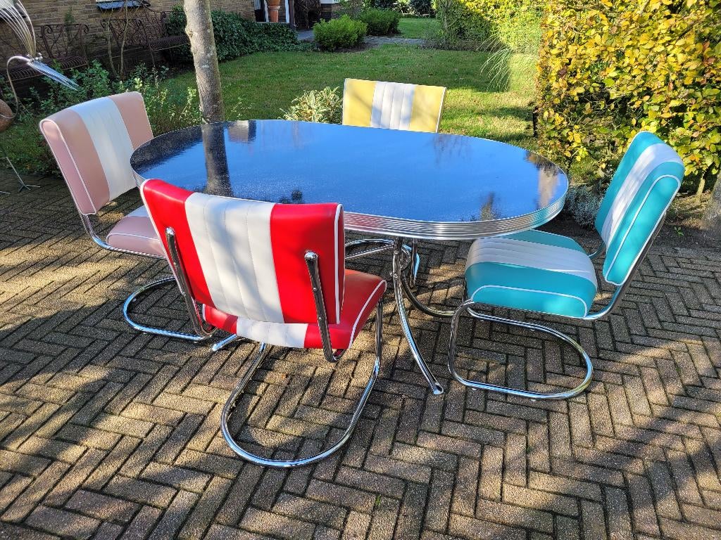 Bel Air diner tafel TO-26 + 4 slede stoelen sixties fifties, Ophalen, Overige kleuren, Zo goed als nieuw, Vier
