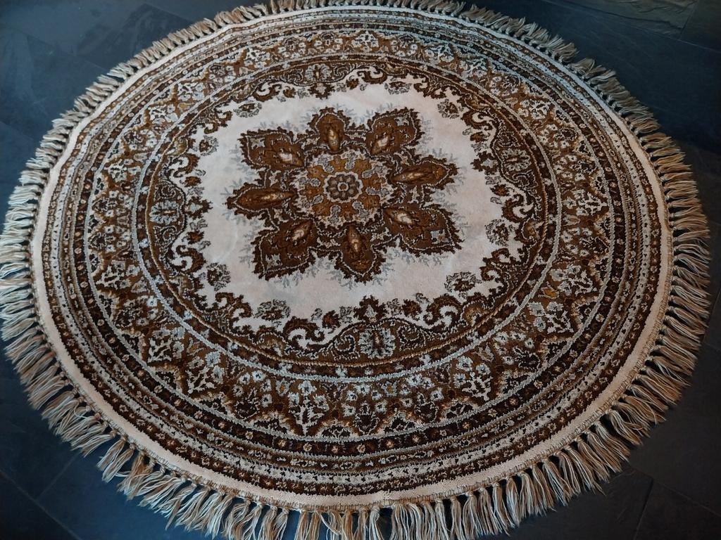 Vintage kleed bruintinten wol, 150 tot 200 cm, Rond, Ophalen of Verzenden, Retro smyrna tafelkleed hip boho perzisch desso mancave