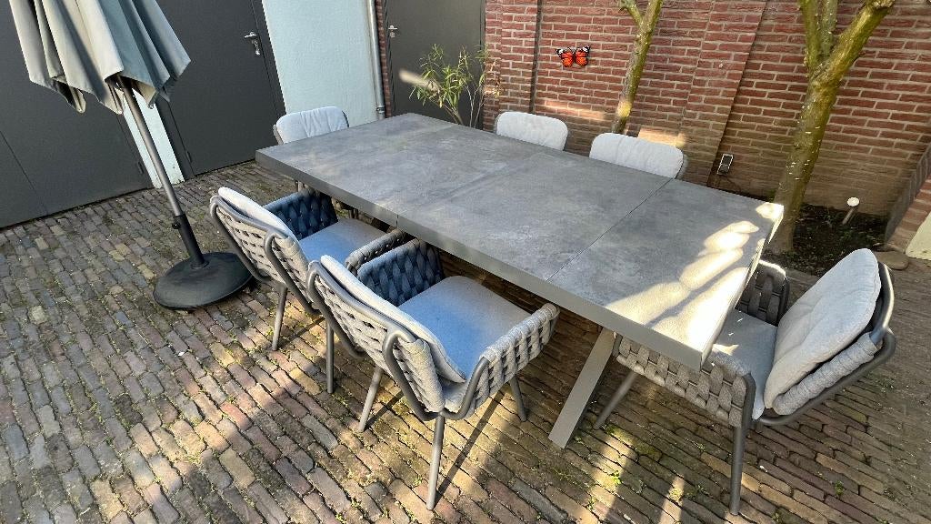 Garden table set with 6 arm chairs and umbrella, Ophalen, Zo goed als nieuw, Rechthoekig, Aluminium