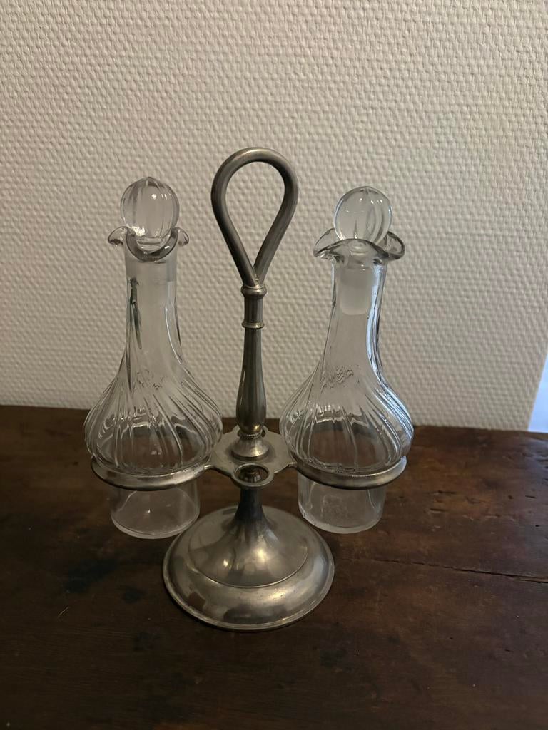 Vintage Olie en Azijn Stelletje met Glazen Flesjes, Antiek en Kunst, Ophalen of Verzenden