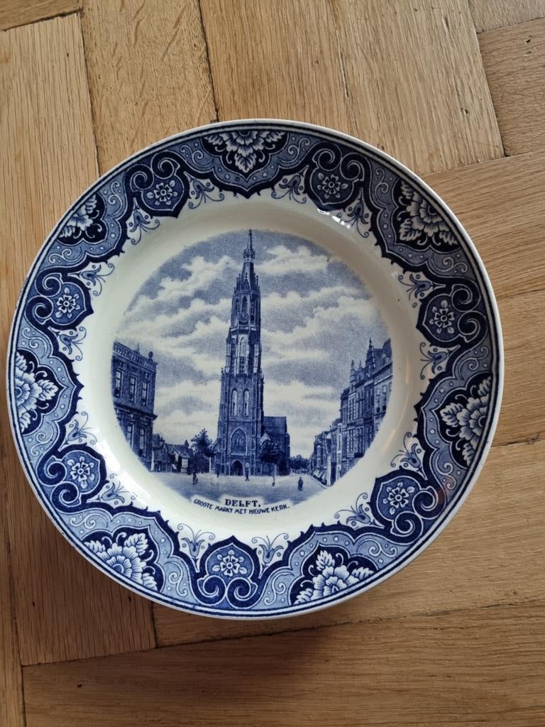 Delfts blauw bord 23cm Delft Groote Markt Nieuwe Kerk, Ophalen of Verzenden