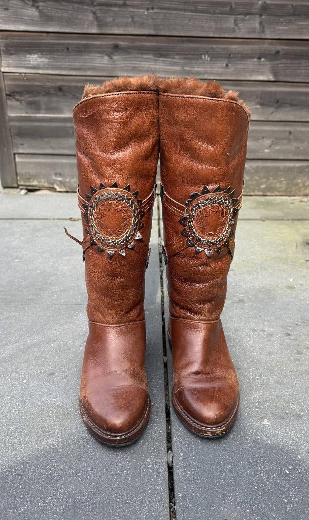 Bruine leren gevoerde laarzen | maat 36, Ophalen, Hoge laarzen, Bruin, Zo goed als nieuw