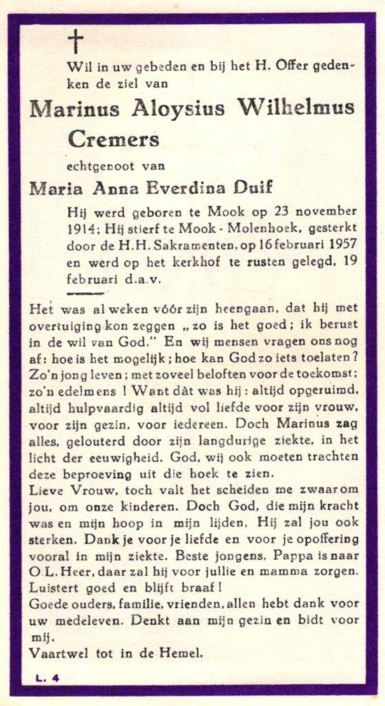 Cremers Marinus Aloysius W. 1914-1957 Mook-Molenhoek, Ophalen of Verzenden
